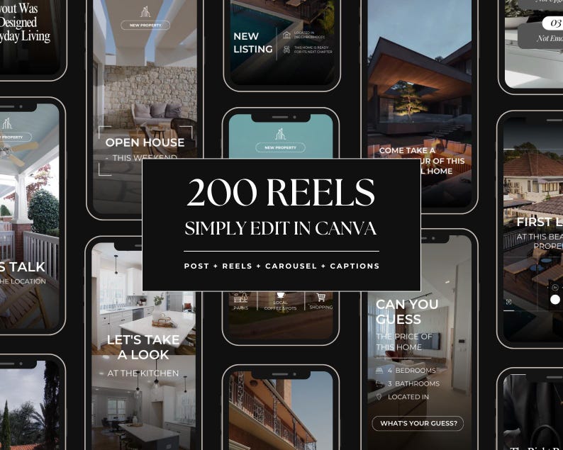 May include: A digital collection of 200 social media reel templates displayed on smartphone screens. The central black rectangular graphic features white text reading 200 REELS SIMPLY EDIT IN CANVA POST + REELS + CAROUSEL + CAPTIONS.