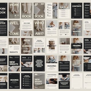 May include: A black and white workbook with the title "Work Book" on the cover. The workbook is divided into chapters, each with a different topic, such as "Sales Strategy", "Branding", and "New Business Ideas". The workbook also includes worksheets and headings.
