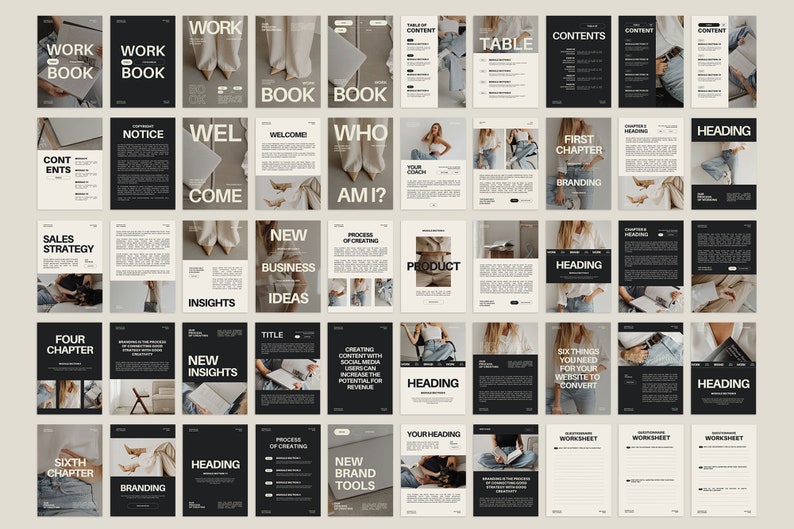 May include: A black and white workbook with the title "Work Book" on the cover. The workbook is divided into chapters, each with a different topic, such as "Sales Strategy", "Branding", and "New Business Ideas". The workbook also includes worksheets and headings.
