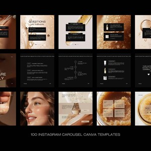 May include: A collection of 100 Instagram carousel Canva templates. The templates feature skincare product images and text on black backgrounds. The text includes "Skincare for Oily Skin" and "What is your skin goal?"