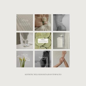 May include: Nine Instagram templates for wellness brands. The templates feature a variety of images, including a glass of water, a white flower, a woman's hand, and a bowl of limes. The text on the templates includes the words "Self Care", "Summer Vibes", "Wellness", "Scents", "Soft", and "Summer Vibes".