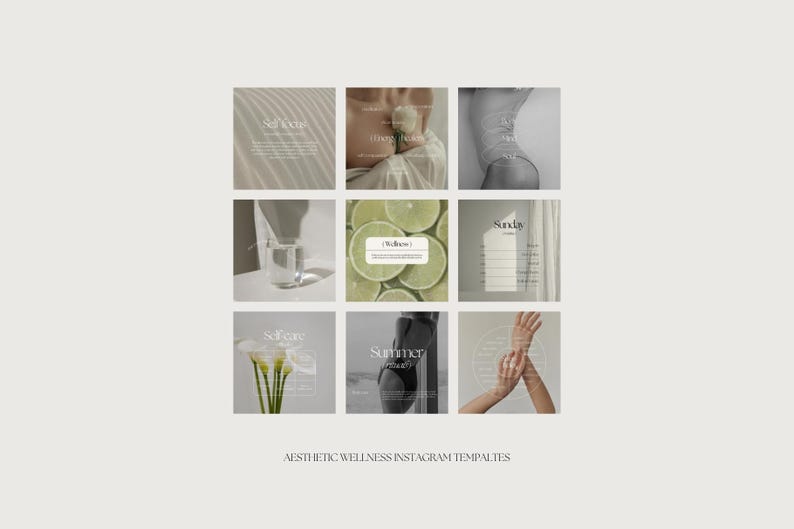 May include: Nine Instagram templates for wellness brands. The templates feature a variety of images, including a glass of water, a white flower, a woman's hand, and a bowl of limes. The text on the templates includes the words "Self Care", "Summer Vibes", "Wellness", "Scents", "Soft", and "Summer Vibes".