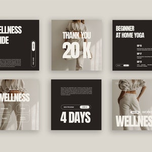 May include: A set of six social media posts promoting a wellness workshop. The posts feature a woman in a white outfit, text that says "Wellness Guide", "Thank You 20K", "Beginner At Home Yoga", "Wellness", "New Program 4 Days", and "Workshop Wellness".