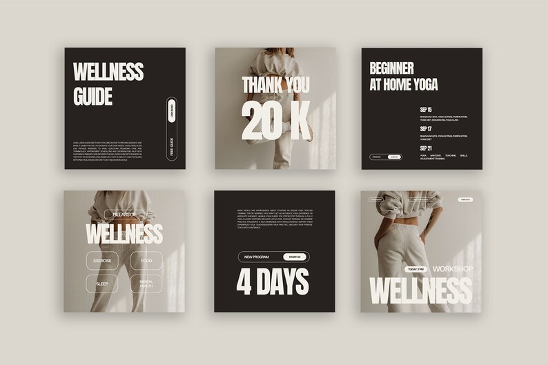 May include: A set of six social media posts promoting a wellness workshop. The posts feature a woman in a white outfit, text that says "Wellness Guide", "Thank You 20K", "Beginner At Home Yoga", "Wellness", "New Program 4 Days", and "Workshop Wellness".