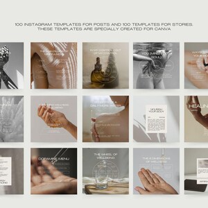 Puede incluir: Un conjunto de plantillas de Instagram para publicaciones e historias, creadas especialmente para Canva. La imagen presenta una cuadr&iacute;cula de im&aacute;genes cuadradas con superposiciones de texto, incluyendo "Dopamine Menu" y "The Wheel of Wellbeing".