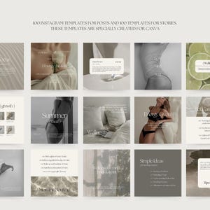 May include: A collection of 18 Instagram post and story templates for social media marketing. The templates feature a minimalist aesthetic with a neutral color palette of beige, white, and gray. The templates include text overlays with phrases like "Summer Pretty", "Simple Ideas", and "Signs of (Growth)".