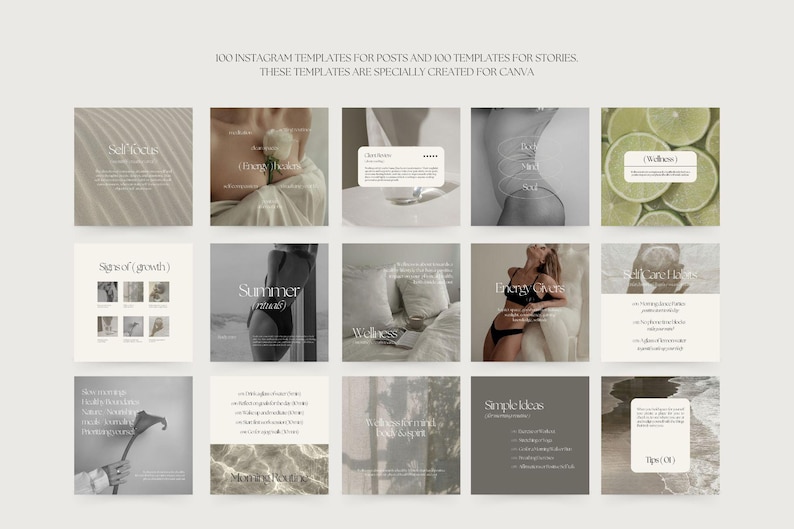 May include: A collection of 18 Instagram post and story templates for social media marketing. The templates feature a minimalist aesthetic with a neutral color palette of beige, white, and gray. The templates include text overlays with phrases like "Summer Pretty", "Simple Ideas", and "Signs of (Growth)".