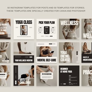 May include: A collection of 10 Instagram post templates for wellness and yoga. The templates feature a minimalist design with black and white text on a beige background. The text includes phrases like "Wellness Means Being in a State of Health and Wellbeing", "Daily Healthy Habits", "Yoga Class", "Pick Your Plan", "Your Wellness Mentor", "Mental Self-Care", "Yoga Online Course", "Beginner at Home Yoga", "Benefits of Meditation", and "Practices".