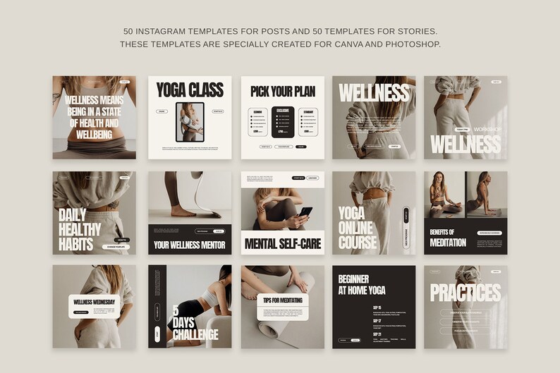 May include: A collection of 10 Instagram post templates for wellness and yoga. The templates feature a minimalist design with black and white text on a beige background. The text includes phrases like "Wellness Means Being in a State of Health and Wellbeing", "Daily Healthy Habits", "Yoga Class", "Pick Your Plan", "Your Wellness Mentor", "Mental Self-Care", "Yoga Online Course", "Beginner at Home Yoga", "Benefits of Meditation", and "Practices".