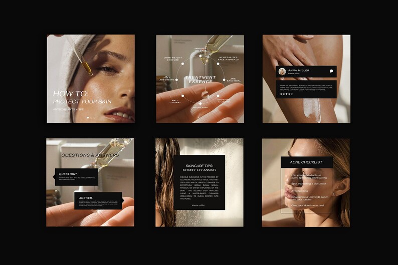 May include: A set of six Instagram posts on skincare. The first post features a woman's face with the text "HOW TO: PROTECT YOUR SKIN". The second post shows a hand holding a bottle of treatment essence with the text "TREATMENT ESSENCE". The third post shows a woman's leg with the text "ANNA MILLER". The fourth post shows a hand holding a dropper with the text "QUESTIONS & ANSWERS". The fifth post shows a woman's hair with the text "SKINCARE TIPS DOUBLE CLEANSING". The sixth post shows a woman's face with the text "ACNE CHECKLIST".