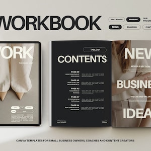May include: A black and white workbook with the title "WORKBOOK" and the text "WORK" on the cover. The workbook is open to a page with the title "CONTENTS" and a table of contents. The next page has the title "NEW BUSINESS IDEAS" and a woman's hand holding a piece of fabric. The text "CANVA TEMPLATES FOR SMALL BUSINESS OWNERS, COACHES AND CONTENT CREATORS" is at the bottom of the image.