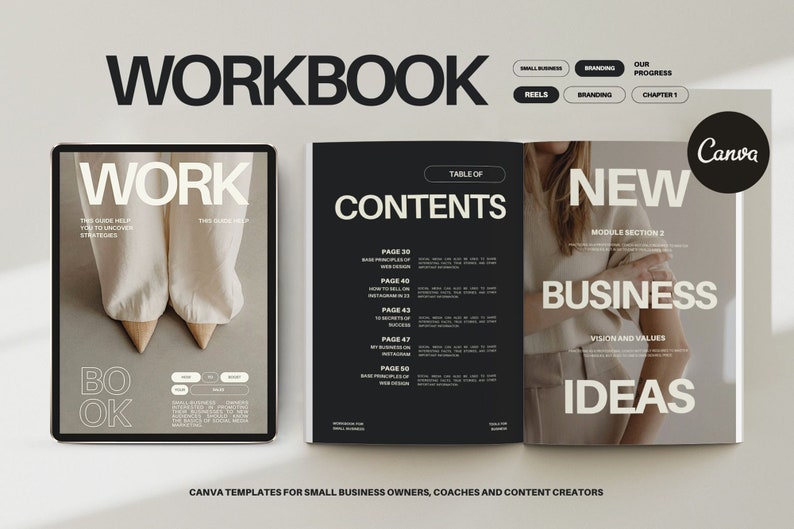 May include: A black and white workbook with the title "WORKBOOK" and the text "WORK" on the cover. The workbook is open to a page with the title "CONTENTS" and a table of contents. The next page has the title "NEW BUSINESS IDEAS" and a woman's hand holding a piece of fabric. The text "CANVA TEMPLATES FOR SMALL BUSINESS OWNERS, COACHES AND CONTENT CREATORS" is at the bottom of the image.