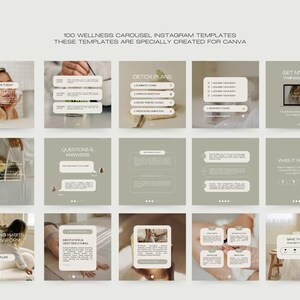May include: A set of 100 wellness carousel Instagram templates, designed for Canva. The templates use a neutral colour scheme and include text overlays with phrases such as "Your Life Today", "Detox Plans", and "Questions & Answers".