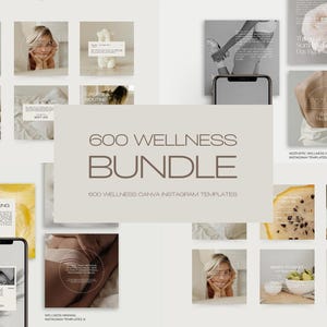 Puede incluir: Imagen promocional de un paquete de plantillas de Instagram sobre el tema del bienestar. El texto central dice "600 Wellness Bundle" en marr&oacute;n. La imagen presenta varios elementos visuales relacionados con el estilo de vida y la salud.