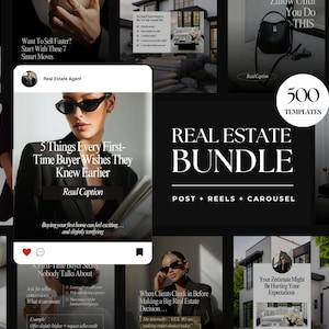 May include: A digital real estate marketing bundle featuring 500 templates for social media posts, reels, and carousels. The collection includes various layouts with black and white color schemes, featuring text overlays, professional photography, and real estate agent branding elements for property listings.