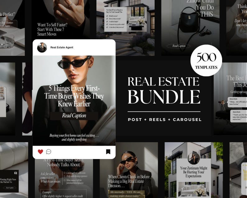 May include: A digital real estate marketing bundle featuring 500 templates for social media posts, reels, and carousels. The collection includes various layouts with black and white color schemes, featuring text overlays, professional photography, and real estate agent branding elements for property listings.