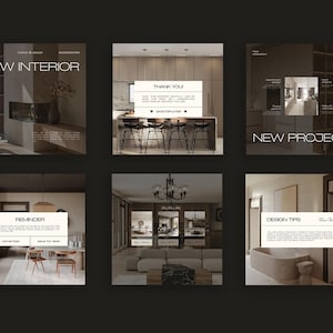 May include: A collection of six square images with interior design themes. Each image features a different room or design element, with text overlays such as "NEW INTERIOR" and "DESIGN TIPS". The overall aesthetic is modern and minimalist.