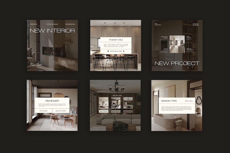 May include: A collection of six square images with interior design themes. Each image features a different room or design element, with text overlays such as "NEW INTERIOR" and "DESIGN TIPS". The overall aesthetic is modern and minimalist.