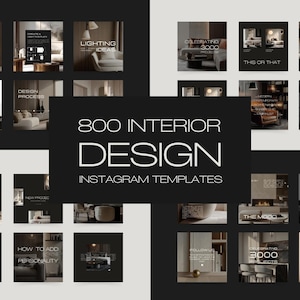 Könnte beinhalten: Werbung für 800 Instagram-Vorlagen für Innenarchitektur. Das Bild zeigt ein Raster quadratischer Grafiken mit Text wie „Home Decor“ und „Lighting Ideas“. Das Design ist modern und minimalistisch, mit Fokus auf Innenarchitektur.