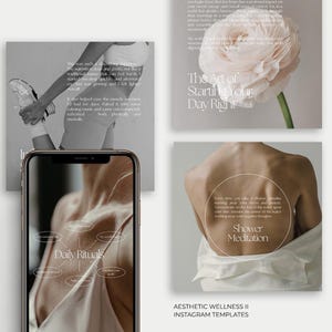 Könnte beinhalten: Ein Satz von drei Instagram-Story-Vorlagen für Wellness und Selbstpflege. Die erste Vorlage zeigt eine weiße Blume mit dem Text "Die Kunst, den Tag richtig zu beginnen". Die zweite Vorlage zeigt den Rücken einer Person mit dem Text "Duschmeditation". Die dritte Vorlage zeigt einen Telefonbildschirm mit einem Diagramm der täglichen Rituale.