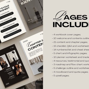 Pu&ograve; includere: Un mockup in bianco e nero di un quaderno di lavoro di 300 pagine con il testo "PAGINE INCLUSE" e un elenco dei diversi tipi di pagine incluse nel quaderno di lavoro. Il quaderno di lavoro include pagine per liste di controllo, fogli di lavoro, grafici, infografiche, fogli di lavoro del pianificatore, pagine di tracciamento, risorse, testimonianze, pagine di citazioni, fogli di lavoro di roadmap e diagrammi di flusso, schemi di sfida, moodboard e pagine di upselling.