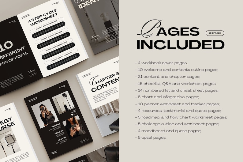 Pu&ograve; includere: Un mockup in bianco e nero di un quaderno di lavoro di 300 pagine con il testo "PAGINE INCLUSE" e un elenco dei diversi tipi di pagine incluse nel quaderno di lavoro. Il quaderno di lavoro include pagine per liste di controllo, fogli di lavoro, grafici, infografiche, fogli di lavoro del pianificatore, pagine di tracciamento, risorse, testimonianze, pagine di citazioni, fogli di lavoro di roadmap e diagrammi di flusso, schemi di sfida, moodboard e pagine di upselling.
