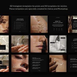 May include: A set of 100 Instagram templates for posts and stories, designed for skincare brands. The templates feature a minimalist black and white design with images of skincare products and text overlays. The text includes phrases like "How to Protect Your Skin", "Basic Rules for Good Skincare", and "Skincare Routine".