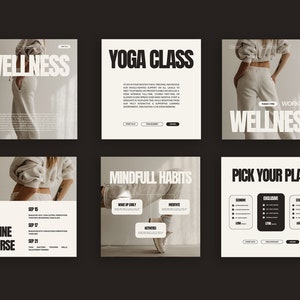 May include: Six social media posts promoting a wellness workshop. The posts feature a woman wearing casual clothing and text that includes "Wellness", "Yoga Class", "Mindful Habits", "Pick Your Plan", and "Online Course".