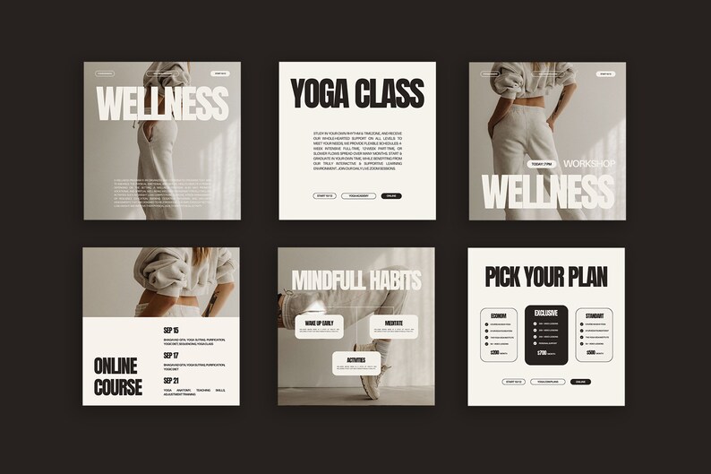 May include: Six social media posts promoting a wellness workshop. The posts feature a woman wearing casual clothing and text that includes "Wellness", "Yoga Class", "Mindful Habits", "Pick Your Plan", and "Online Course".