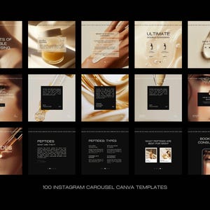 May include: A collection of 100 Instagram carousel Canva templates. The templates feature beauty and skincare themes, with images of skincare products, close-ups of eyes and faces, and text overlays. The color palette is neutral with gold and black accents.