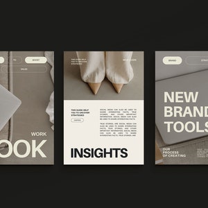 May include: Three beige and white cards with text on them. The first card says "Work Book" and has a laptop on it. The second card says "Insights" and has a pair of beige shoes on it. The third card says "New Brand Tools" and has a laptop on it.