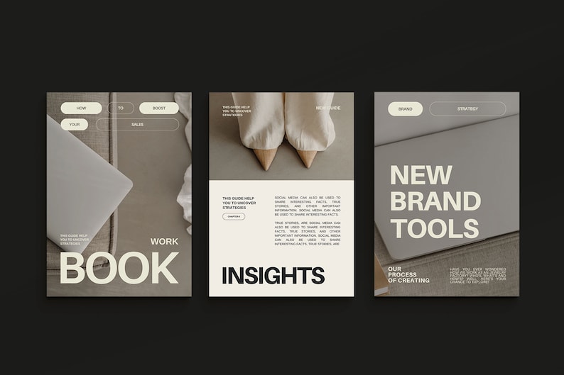 May include: Three beige and white cards with text on them. The first card says "Work Book" and has a laptop on it. The second card says "Insights" and has a pair of beige shoes on it. The third card says "New Brand Tools" and has a laptop on it.