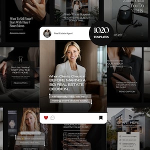 May include: A digital collection of 1020 social media templates for real estate agents, featuring a central post with a blonde professional in a white blazer and text overlays including When Clients Check in BEFORE MAKING A BIG REAL ESTATE DECISION.