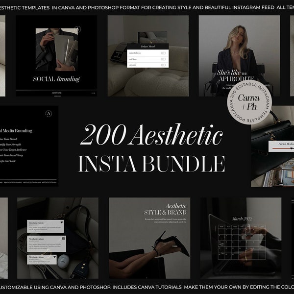 Aesthetic Instagram Template Bundle, 200 posts and stories for Canva and Photoshop, Black Instagram templates, Esthetician Instagram Bundle
