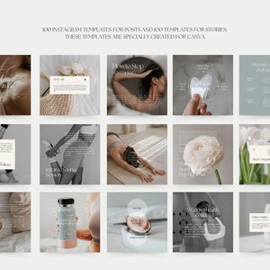Puede incluir: Un conjunto de plantillas de Instagram para publicaciones e historias, creadas especialmente para Canva. La imagen presenta una cuadr&iacute;cula de im&aacute;genes cuadradas con superposiciones de texto y tonos suaves y neutros. El texto incluye frases como "How to Stop" y "The path of healing."