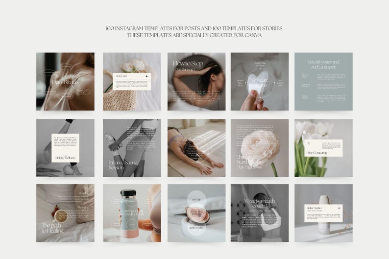 Puede incluir: Un conjunto de plantillas de Instagram para publicaciones e historias, creadas especialmente para Canva. La imagen presenta una cuadr&iacute;cula de im&aacute;genes cuadradas con superposiciones de texto y tonos suaves y neutros. El texto incluye frases como "How to Stop" y "The path of healing."