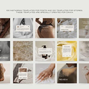 May include: A grid of Instagram templates for posts and stories. Each template features a minimalist design with text overlays. The templates cover topics like wellness, affirmations, and reviews. The text includes "Healthy Hair for 2025" and "Healing".