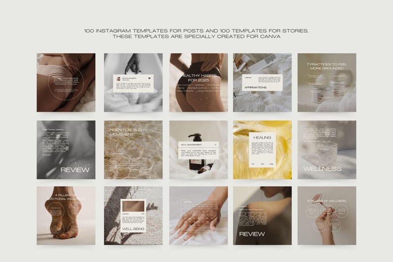 May include: A grid of Instagram templates for posts and stories. Each template features a minimalist design with text overlays. The templates cover topics like wellness, affirmations, and reviews. The text includes "Healthy Hair for 2025" and "Healing".