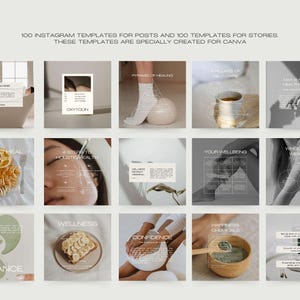 May include: A collection of 100 Instagram templates for posts and 100 templates for stories, specially created for Canva. The templates feature a neutral color palette and include images related to wellness, health, and self-care. Text includes "Balance", "Oxytoon", and "Confidence".