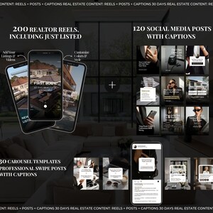 May include: A digital marketing bundle for real estate featuring 200 reels, 120 social media posts with captions, and 30 carousel templates. The display shows smartphone screens with property imagery, text overlays, and professional social media layouts.