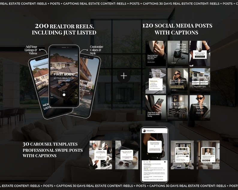 May include: A digital marketing bundle for real estate featuring 200 reels, 120 social media posts with captions, and 30 carousel templates. The display shows smartphone screens with property imagery, text overlays, and professional social media layouts.