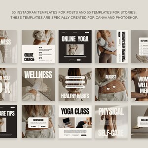 May include: A set of 100 Instagram templates for posts and stories. The templates feature a minimalist design with a black and white color scheme. The templates are perfect for promoting wellness, yoga, and self-care.