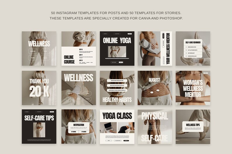 May include: A set of 100 Instagram templates for posts and stories. The templates feature a minimalist design with a black and white color scheme. The templates are perfect for promoting wellness, yoga, and self-care.