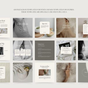 May include: A set of 100 Instagram templates for posts and 100 templates for stories. The templates are designed for use with Canva. The templates feature a minimalist aesthetic with a neutral color palette and simple typography. The templates are perfect for bloggers, influencers, and businesses who want to create visually appealing and engaging content for their social media.