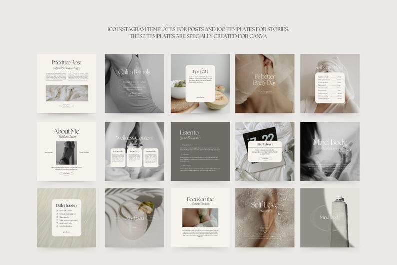 May include: A set of 100 Instagram templates for posts and 100 templates for stories. The templates are designed for use with Canva. The templates feature a minimalist aesthetic with a neutral color palette and simple typography. The templates are perfect for bloggers, influencers, and businesses who want to create visually appealing and engaging content for their social media.