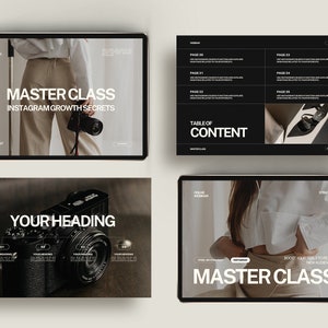 Op de afbeelding: Een zwart-witte afbeelding van een tabletscherm waarop een masterclass over de geheimen van Instagram-groei wordt getoond. Het scherm toont een vrouw die een camera vasthoudt en de tekst "MASTER CLASS" en "INSTAGRAM GROWTH SECRETS".