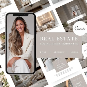 May include: A smartphone displays a smiling woman in a cream-colored suit, surrounded by real estate social media templates. The templates feature interior design photos and text that reads "Real Estate Social Media Templates" and "Why You Need a Realtor."