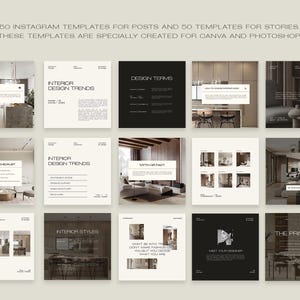 May include: A collection of Instagram templates for posts and stories. The templates are designed for Canva and Photoshop. The image features a grid of square graphics with text such as "Interior Design Trends" and "Design Terms".