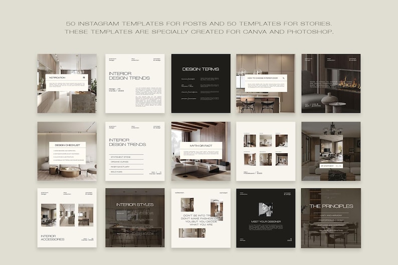May include: A collection of Instagram templates for posts and stories. The templates are designed for Canva and Photoshop. The image features a grid of square graphics with text such as "Interior Design Trends" and "Design Terms".