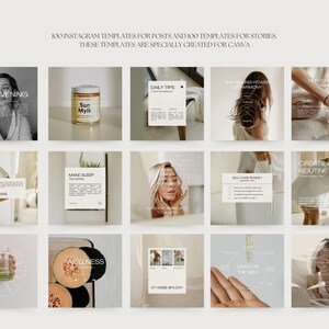 Puede incluir: Una cuadr&iacute;cula de 12 im&aacute;genes con una est&eacute;tica neutra. Las im&aacute;genes incluyen texto como "SOUL EVENING", "Sun Myli", "DAILY TIPS" y "MAKE SLEEP". El texto superior dice "100 PLANTILLAS DE INSTAGRAM PARA PUBLICACIONES Y 100 PLANTILLAS PARA HISTORIAS".